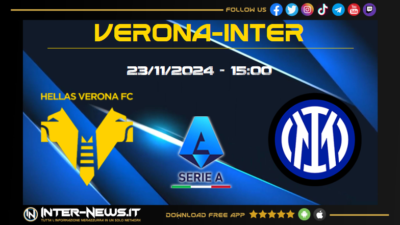 Verona-Inter, sabato 23 novembre alle 15. Serie A